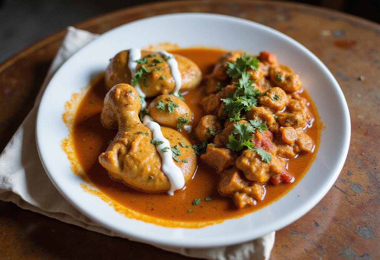 Stunning final presentation of chicken makhani versus tikka masala, showcasing vibrant colors and textures on a rustic dining table.