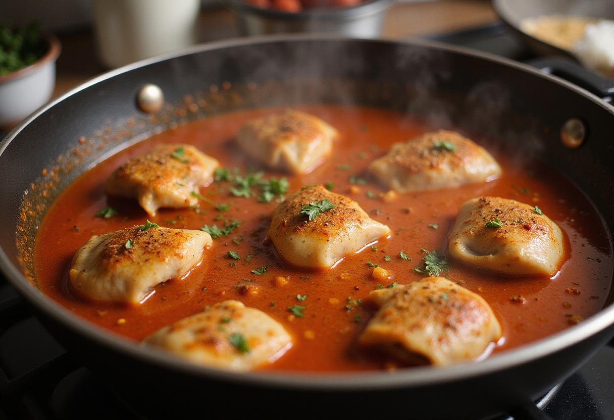 Chicken makhani versus tikka masala preparation with chicken pieces in a rich tomato sauce, highlighting the cooking process.