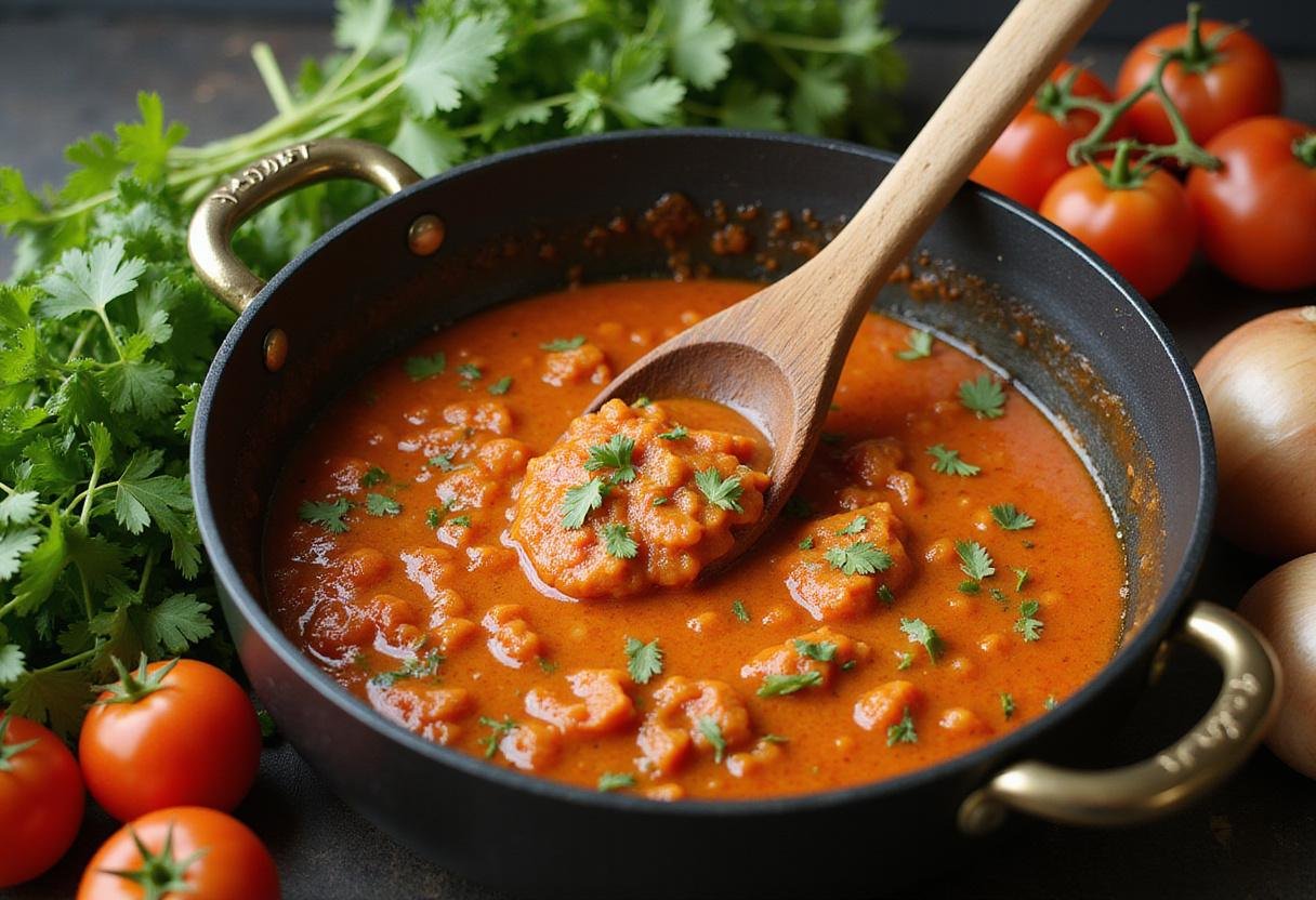 Mixing spices and fresh ingredients for chicken makhani and tikka masala, showcasing the vibrant colors and textures in the kitchen.