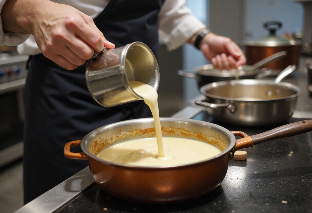 Adding cream to chicken makhani versus tikka masala sauce, demonstrating the creamy texture that distinguishes the two dishes in a modern kitchen.