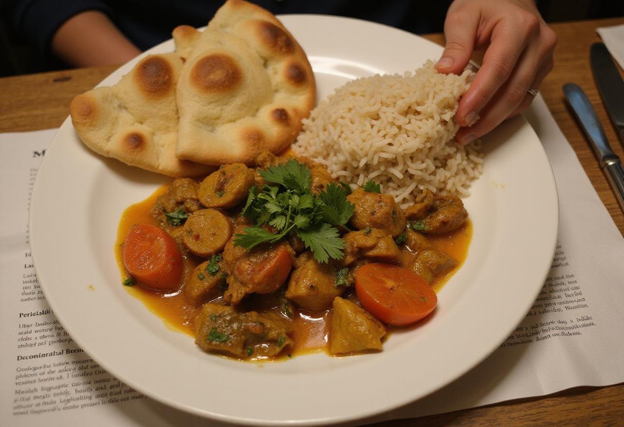 Garnishing chicken makhani and tikka masala with fresh herbs, served with naan and rice, highlighting the delicious final presentation.