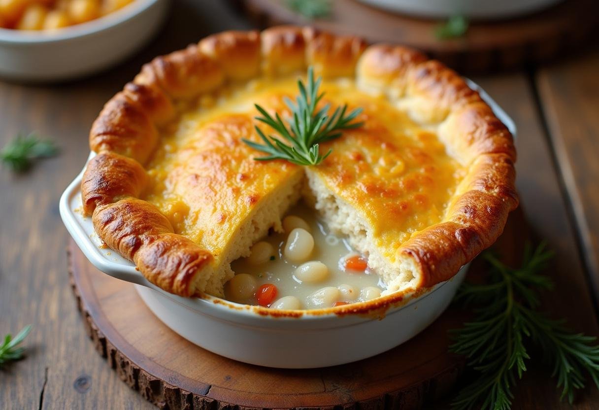 Delicious golden chicken pot pie with a flaky crust, perfect for a comforting meal, showcasing gluten-free, crescent roll, and crustless variations.