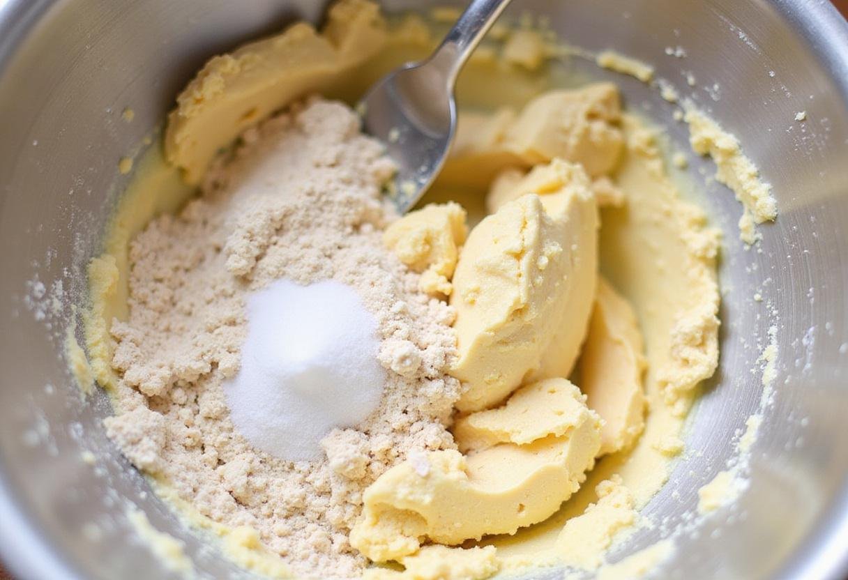 Gluten-free chicken pot pie crust preparation with flour and butter in a mixing bowl for a perfect texture.