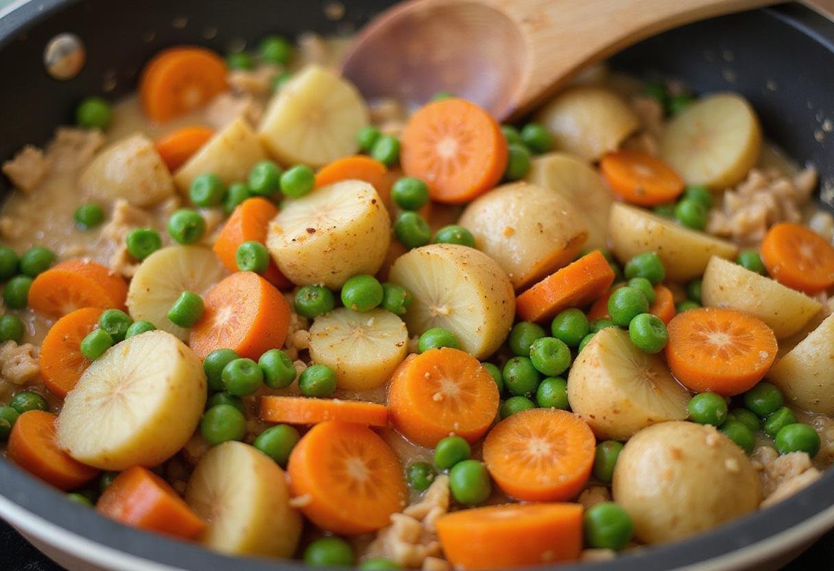 Sautéed vegetables like carrots and peas being prepared for a flavorful chicken pot pie filling.