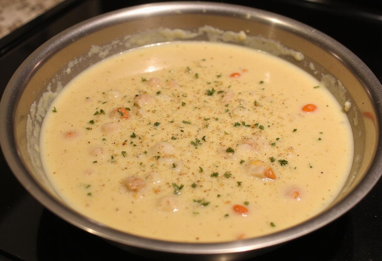 Preparing a crustless chicken pot pie mixture with fresh ingredients in a round baking dish, showcasing a healthy option.
