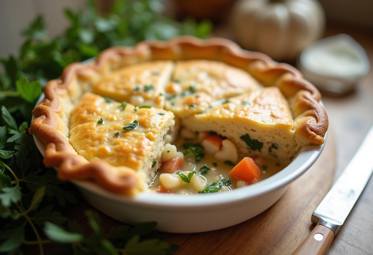 Delicious chicken pot pie with red lobster biscuits topping, showcasing rich filling and golden biscuits.