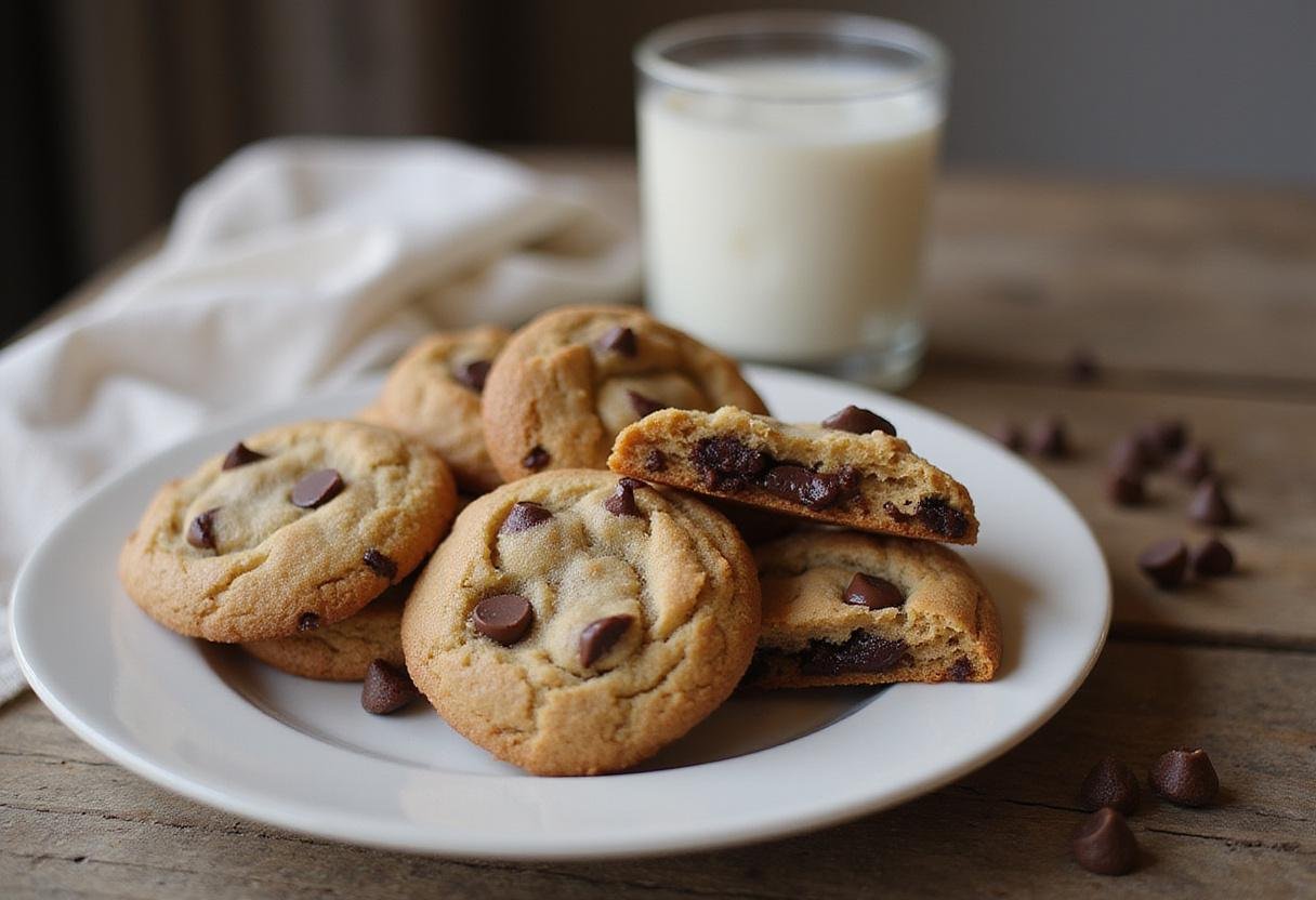 Delicious chickpea chocolate chip cookies served on a plate with melted chocolate chips, perfect for a healthy treat.