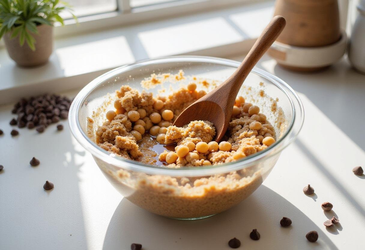 Healthy chickpea chocolate chip cookies batter preparation with mashed chickpeas and brown sugar in a bright kitchen.