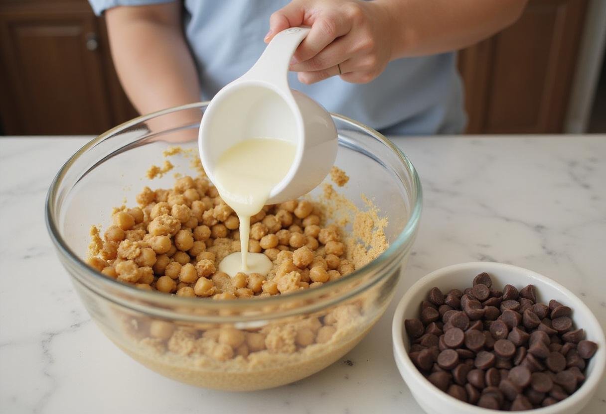 Adding coconut oil to chickpea chocolate chip cookies batter with chocolate chips in preparation for healthy baking.
