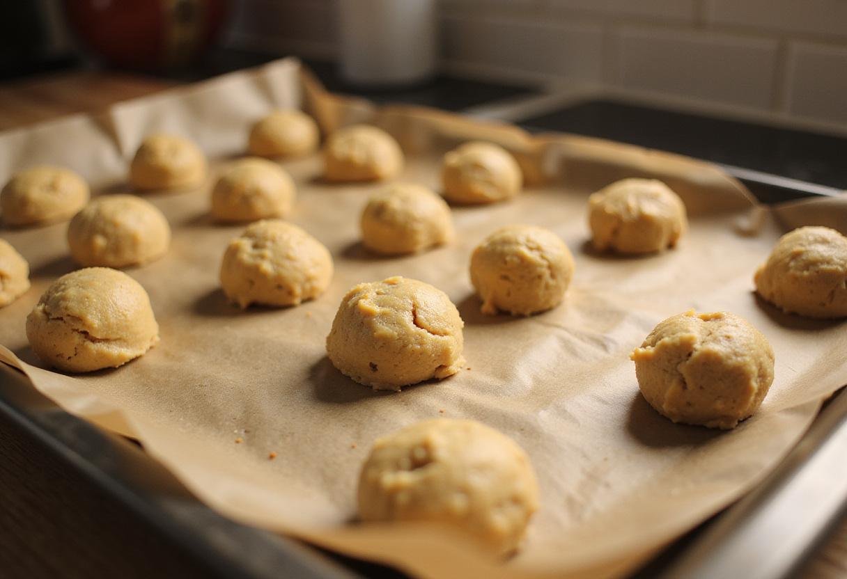 Rolled chickpea chocolate chip cookies dough balls on a baking sheet ready to be baked in a cozy kitchen.
