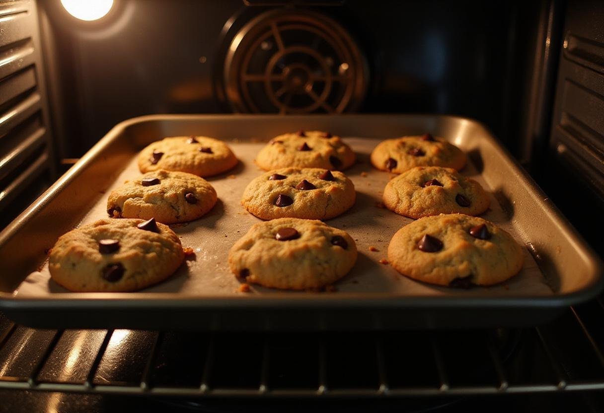 Baking chickpea chocolate chip cookies in the oven, showcasing the golden-brown color and appetizing texture during the cooking process.