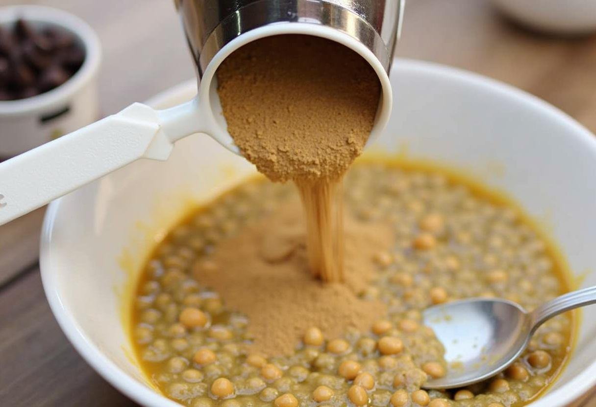 Chocolate chip protein cookies preparation with protein powder added to the chickpea mixture.
