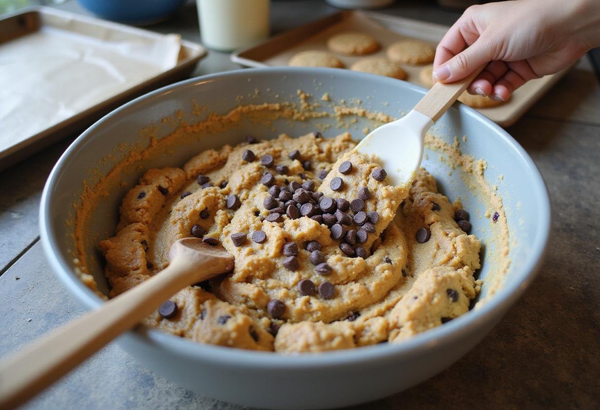 Chickpea cookie dough recipe in progress, stirring chocolate chips into the mixture.