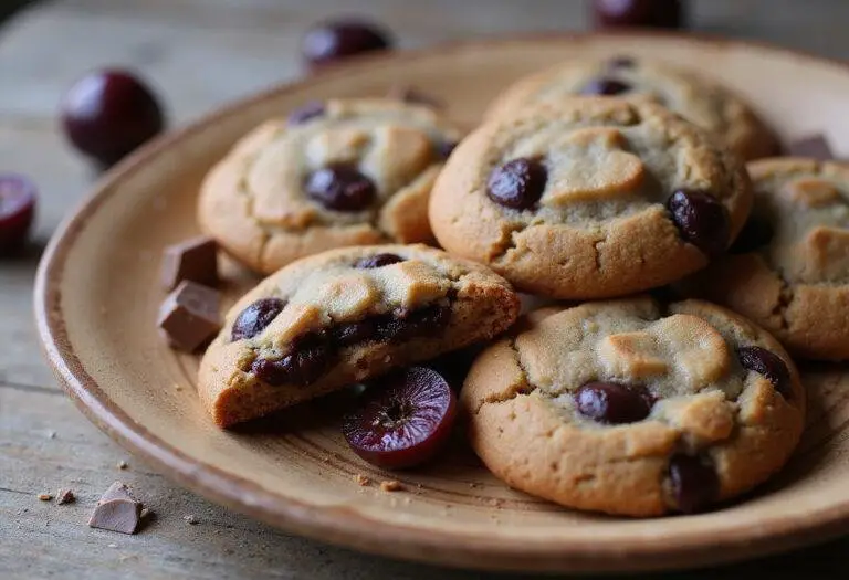 Deliciously baked chocolate cherry coconut cookies displayed on a wooden plate, featuring rich chocolate and tart cherry flavors.