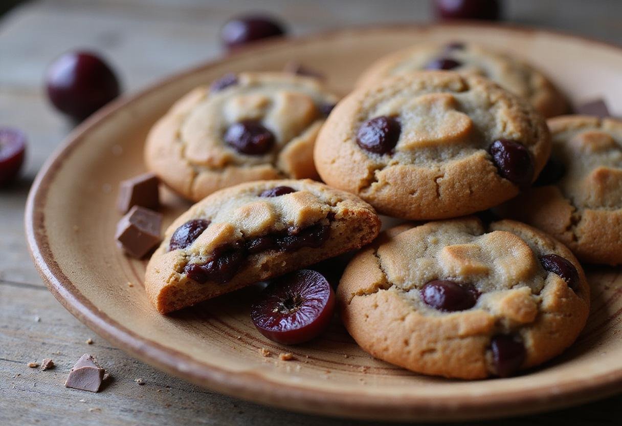 Deliciously baked chocolate cherry coconut cookies displayed on a wooden plate, featuring rich chocolate and tart cherry flavors.