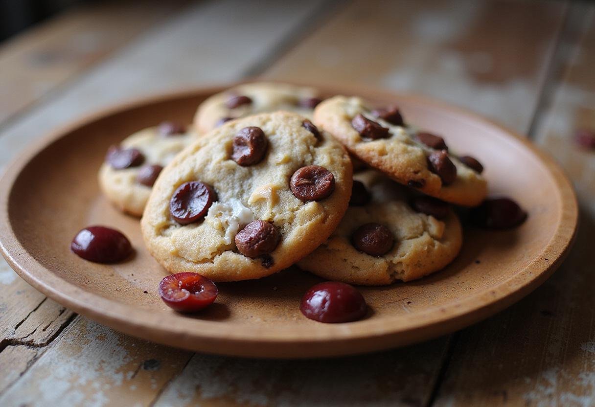 Deliciously baked chocolate cherry coconut cookies displayed on a wooden plate, featuring rich chocolate and tart cherry flavors.