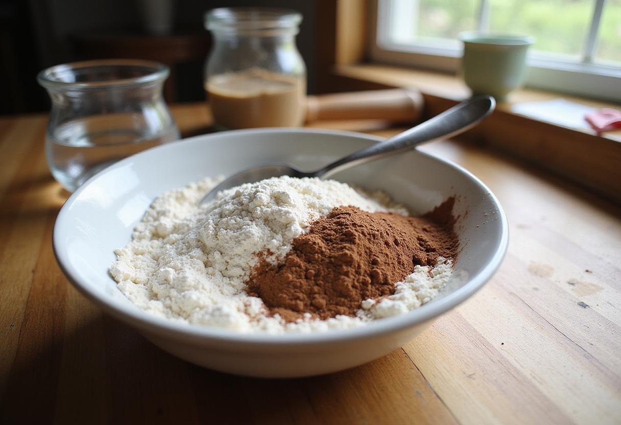 Mixing dry ingredients for chocolate cherry cookies, including flour, cocoa powder, and sugar in a cozy kitchen setting.