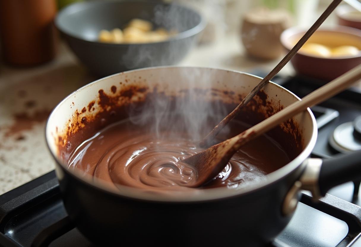 Melting chocolate and butter for chocolate coconut cookies, creating a smooth mixture in a warm and inviting kitchen environment.