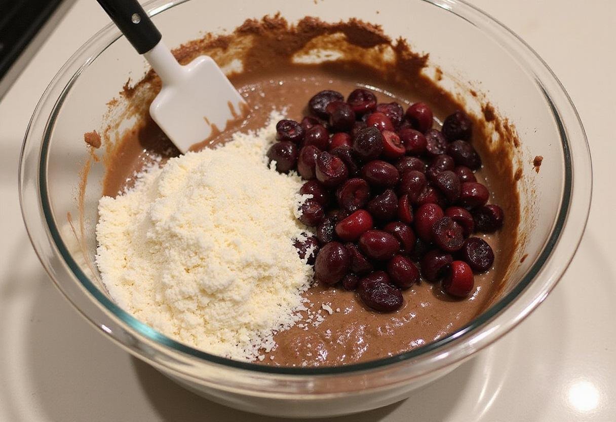 Combining chocolate, cherry, and coconut ingredients in a bowl for delicious chocolate cherry and coconut cookies in a home kitchen.