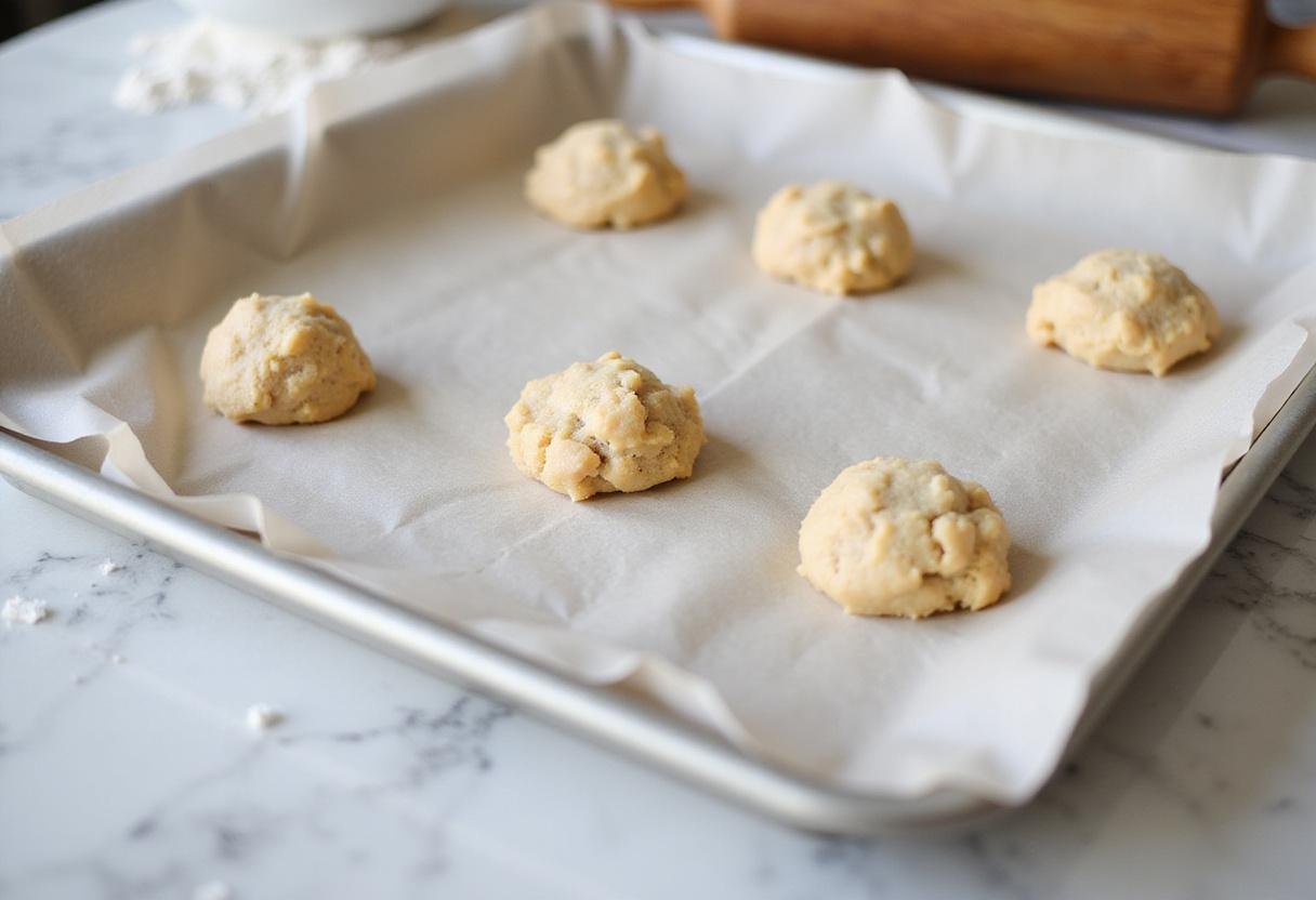 Arranging cookie dough balls for baking chocolate cherry coconut cookies on a parchment-lined baking sheet in an organized kitchen.