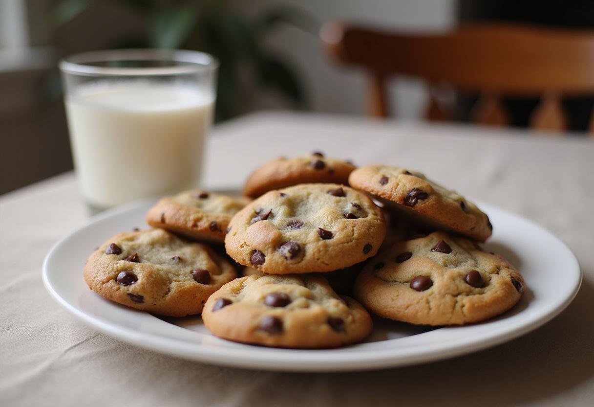 Delicious chocolate chip cookies without butter arranged on a plate, perfect for any dessert lover.