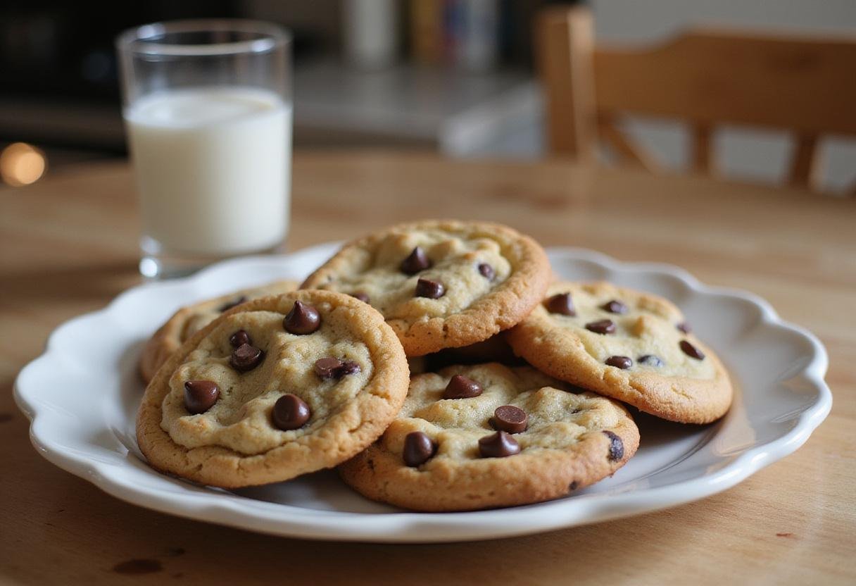 Delicious chocolate chip cookies without butter arranged on a plate, perfect for any dessert lover.