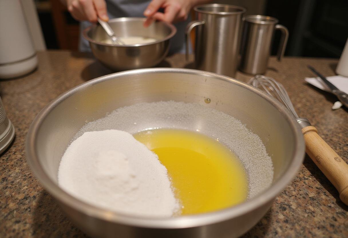 Mixing sugar and oil for chocolate chip cookies without butter in a cozy kitchen.