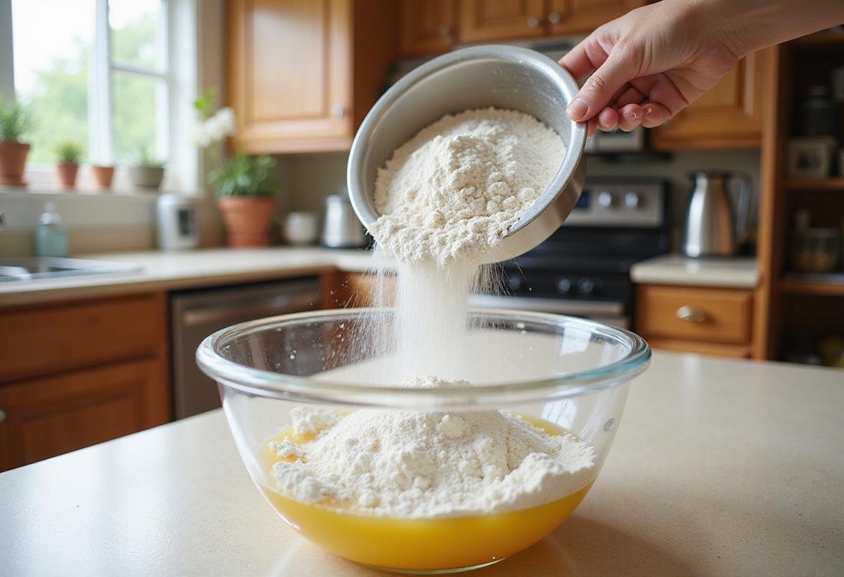 Sifting flour to make rich chocolate chip cookies without butter in a sunny kitchen.
