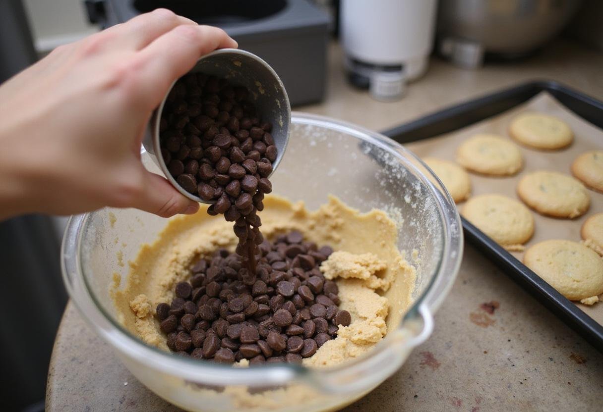 Adding chocolate chips to the cookie dough for delicious chocolate chip cookies without butter.