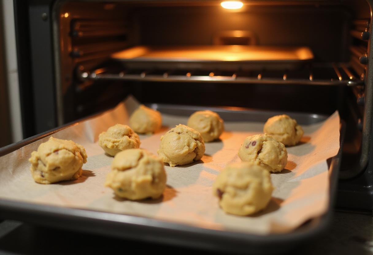 Preparing cookie dough balls for baking in a warm kitchen, ideal for chocolate chip cookies no butter.