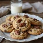 Delicious golden brown chocolate chip pecan cookies served on a plate with a glass of milk, showcasing the perfect chocolate chip pecan cookies recipe.
