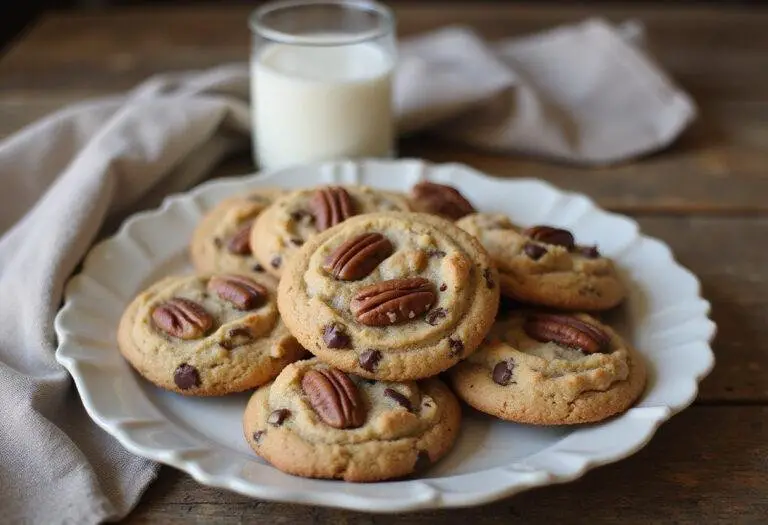 Delicious golden brown chocolate chip pecan cookies served on a plate with a glass of milk, showcasing the perfect chocolate chip pecan cookies recipe.