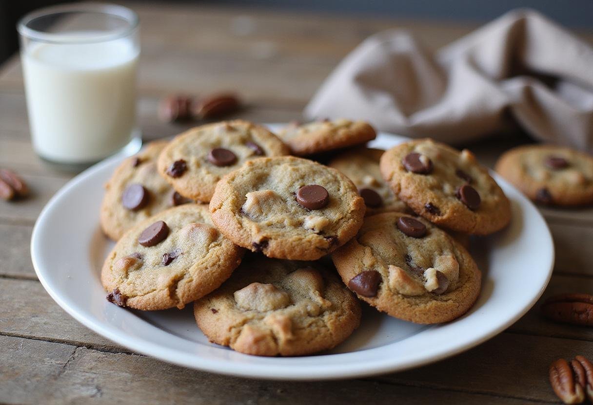 Delicious golden brown chocolate chip pecan cookies served on a plate with a glass of milk, showcasing the perfect chocolate chip pecan cookies recipe.