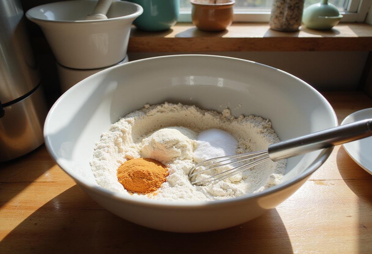 Mixing dry ingredients for chocolate chip pecan cookies, including flour, baking soda, and salt in a bright kitchen setting.