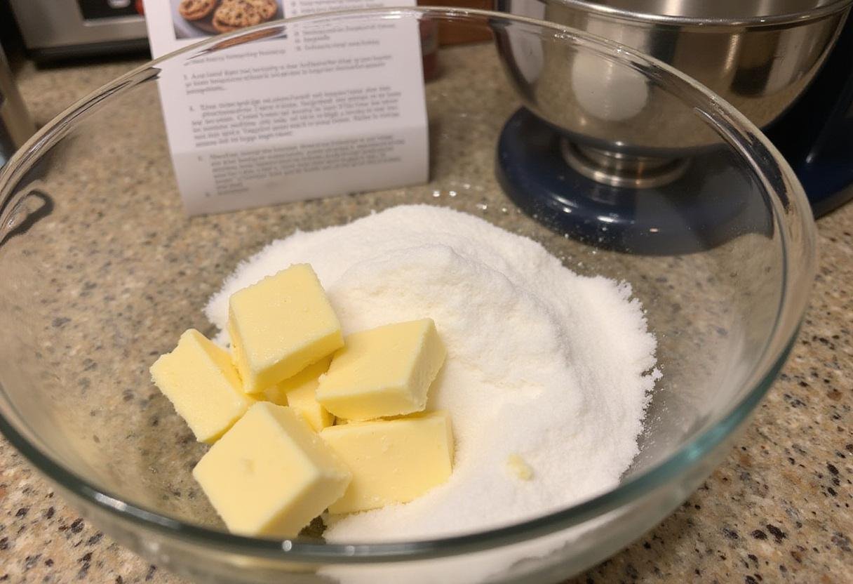 Creaming butter and sugar for chocolate chip pecan cookies with an electric mixer in a well-lit kitchen environment.