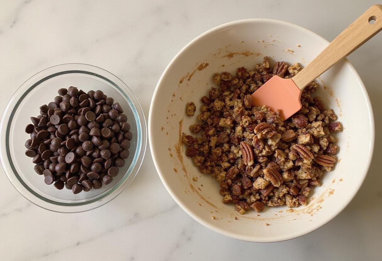 Adding chocolate chips and pecans into the cookie dough for the chocolate chip pecan cookies in a cheerful home kitchen.