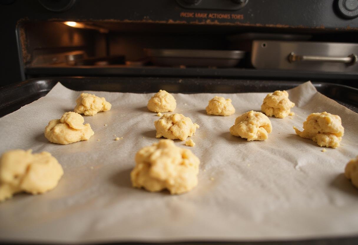 Spoonfuls of chocolate chip pecan cookie dough on a baking sheet, ready to bake in a warm, inviting kitchen.