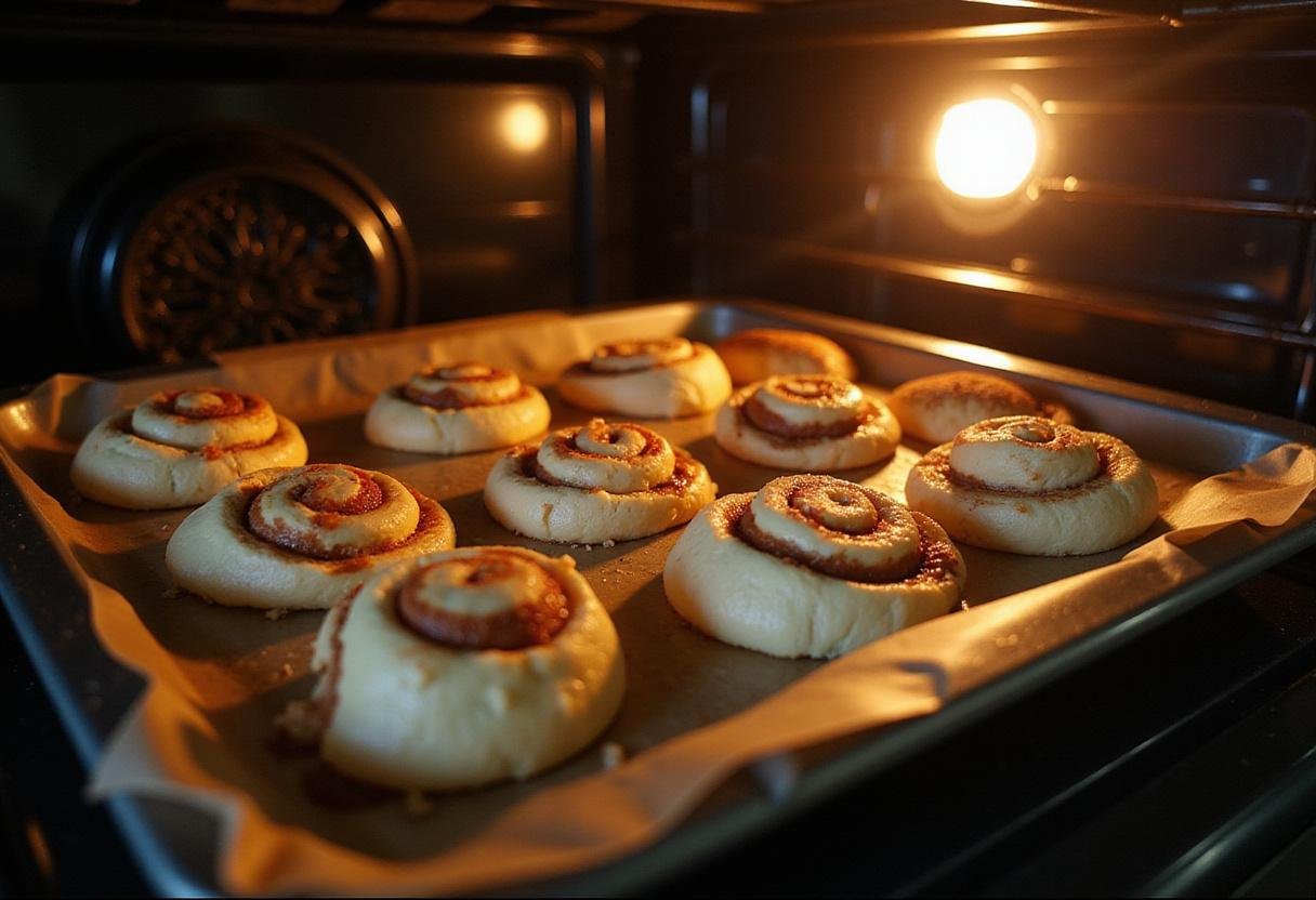 Placing rolled cinnamon roll cookies on a tray for baking, illustrating the anticipation of delicious results.