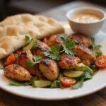 Final presentation of a classic chicken shawarma plate featuring grilled chicken, fresh veggies, and zesty tahini sauce.