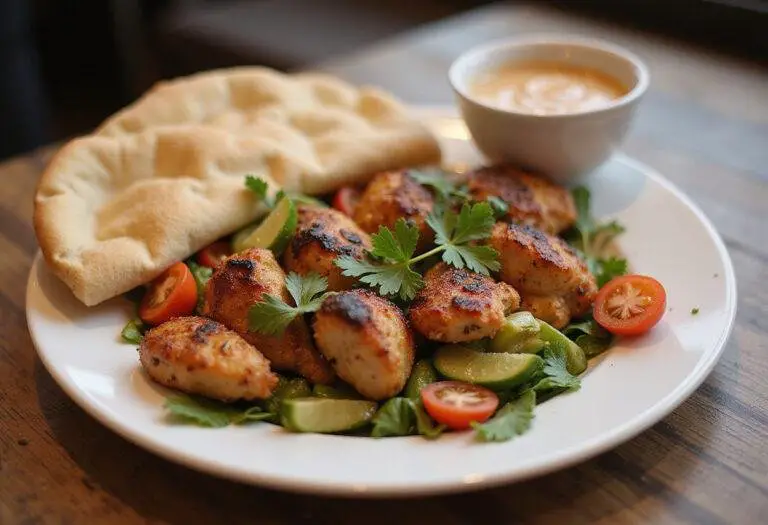 Final presentation of a classic chicken shawarma plate featuring grilled chicken, fresh veggies, and zesty tahini sauce.