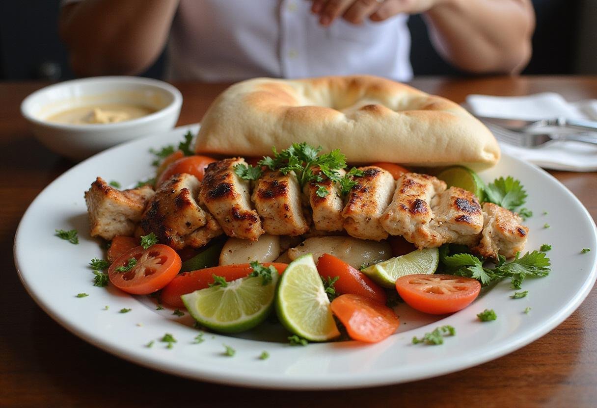 Final presentation of a classic chicken shawarma plate featuring grilled chicken, fresh veggies, and zesty tahini sauce.
