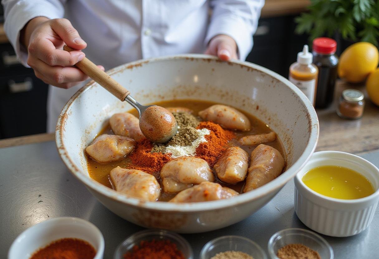 Marinating chicken in spices for a classic chicken shawarma plate, showcasing vibrant spices and ingredients.