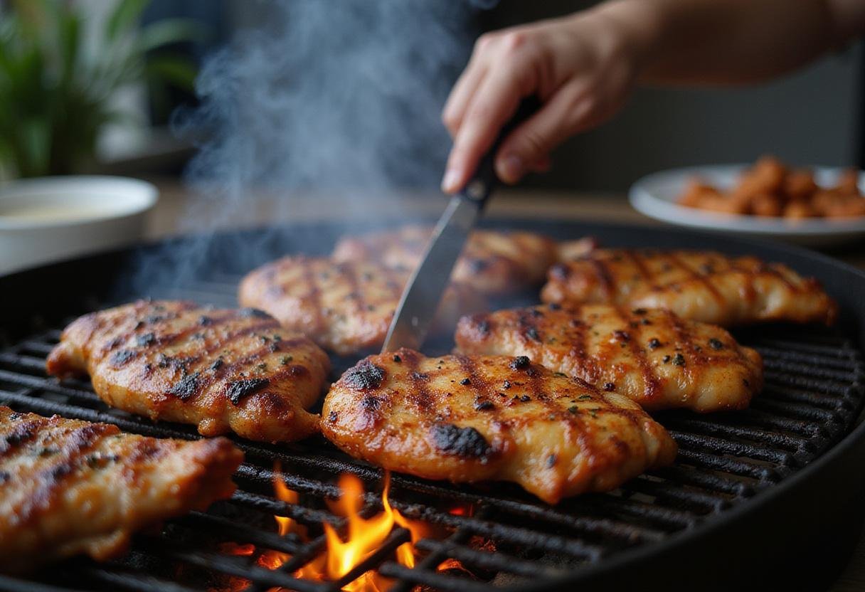Grilling marinated chicken for chicken shawarma, capturing the delicious sizzle and smoke of perfectly cooked meat.