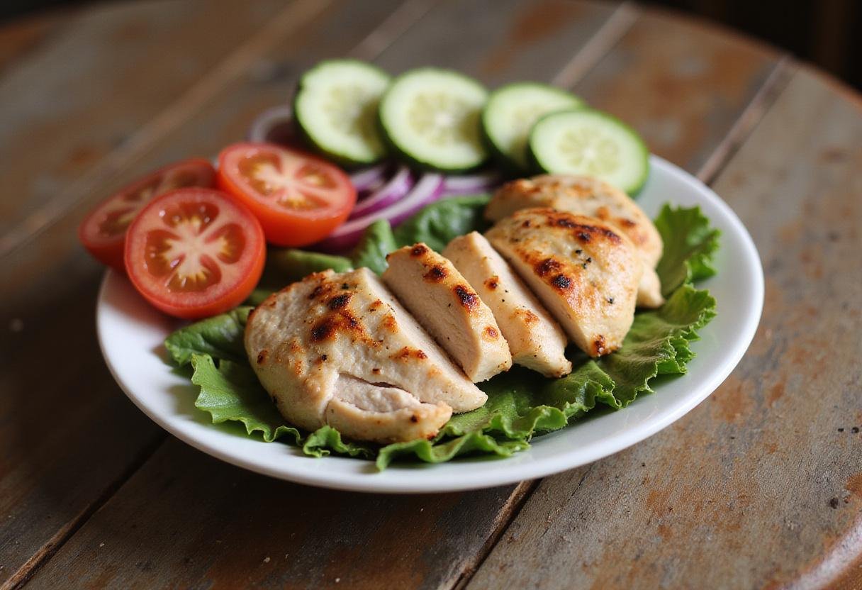 Arranging sliced grilled chicken with fresh vegetables for a delicious chicken shawarma plate presentation.