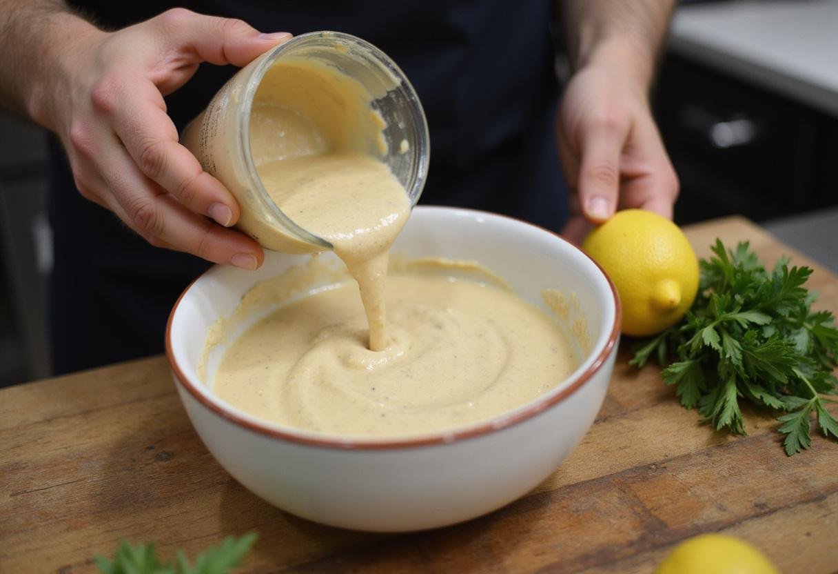 Making creamy tahini sauce for chicken shawarma plate, focusing on the blending of ingredients for authentic flavors.