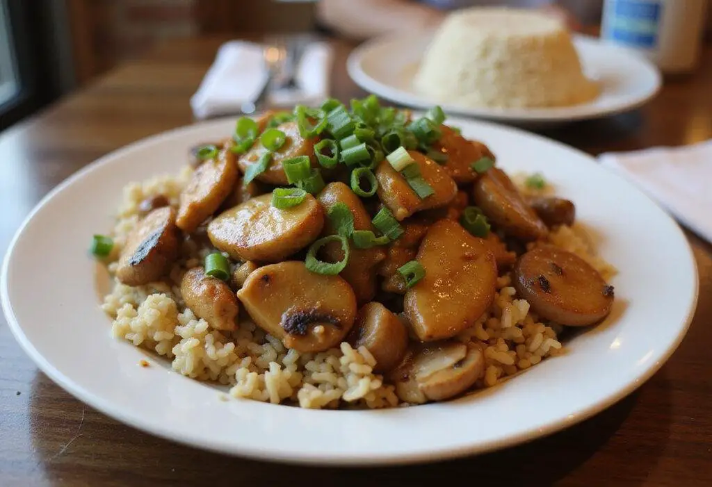 Delicious chicken and mushroom stir fry served on a plate, perfect for a satisfying meal.