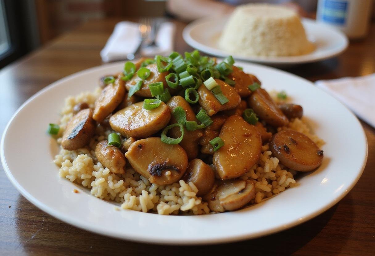 Delicious chicken and mushroom stir fry served on a plate, perfect for a satisfying meal.