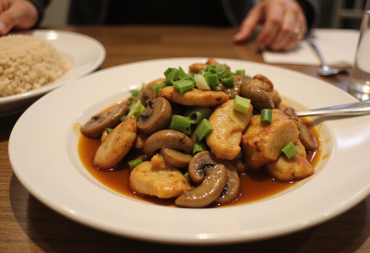 Delicious chicken and mushroom stir fry served on a plate, perfect for a satisfying meal.