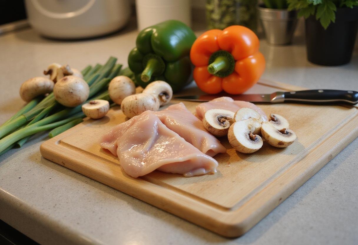 Fresh ingredients for chicken and mushroom stir fry preparation, featuring sliced chicken, mushrooms, and bell peppers.