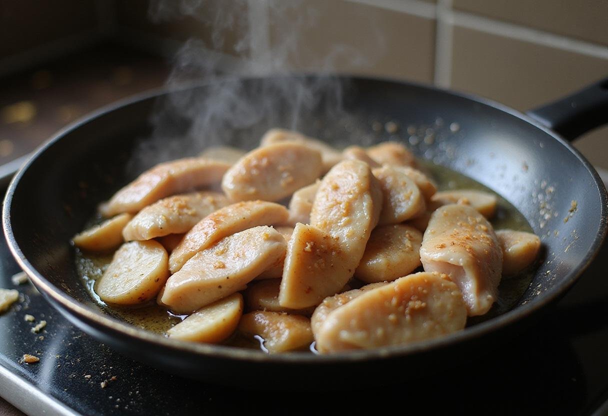 Cooking sliced chicken in a pan, preparing for a delicious chicken and mushroom stir fry.